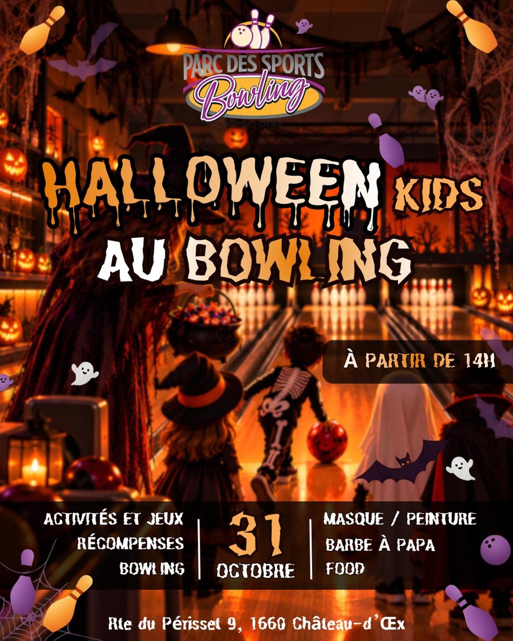 Affiche de Halloween des enfants au Bowling du Parc à Château-d’Œx