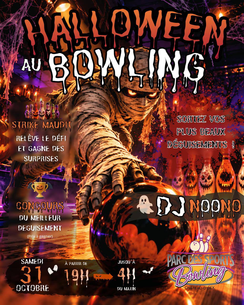 Affiche de Halloween au Bowling avec DJ NOONO