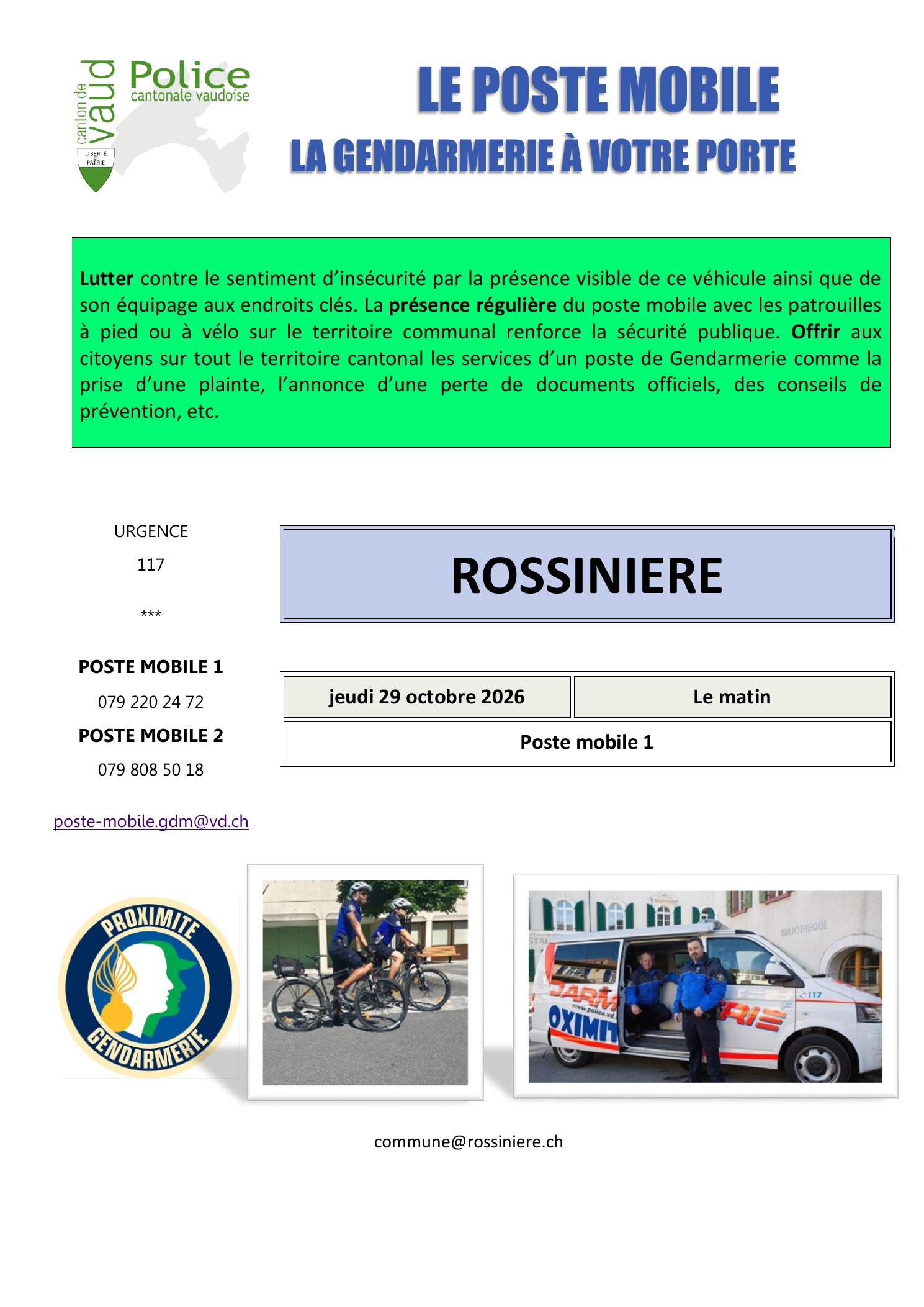 Affiche de Poste mobile de la gendarmerie à Rossinière — 29 octobre