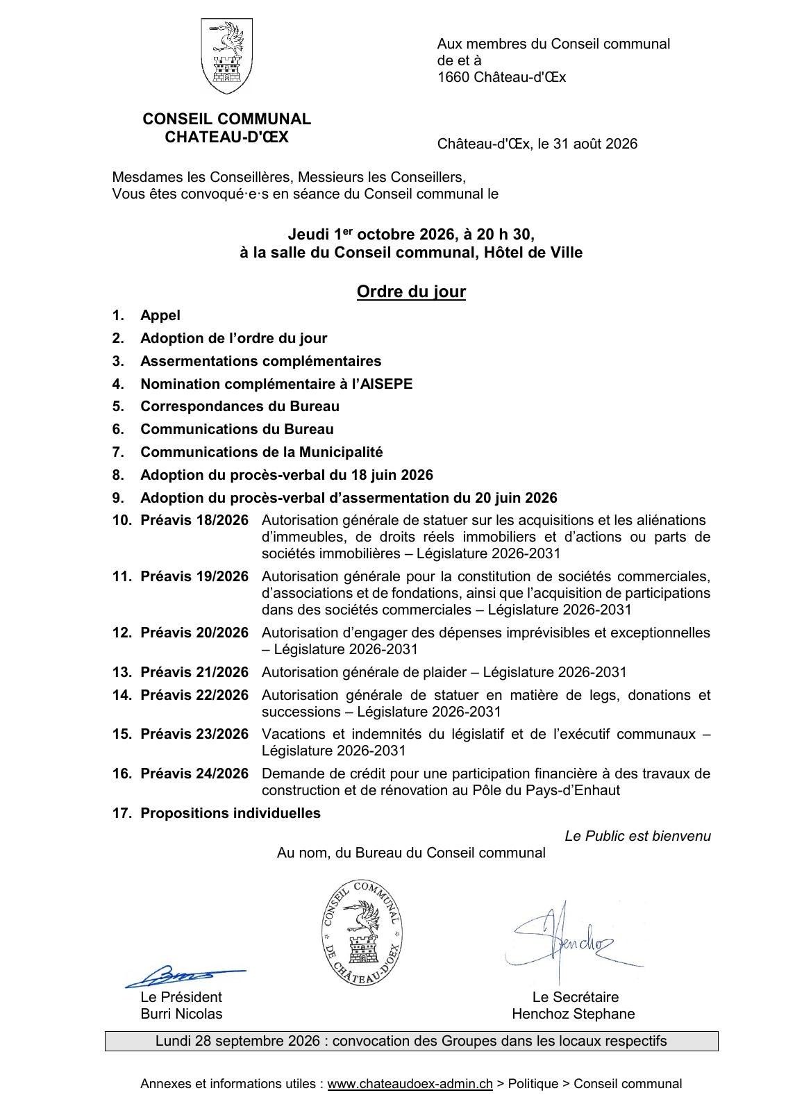 Affiche de Séance publique du Conseil communal de Château-d’Œx