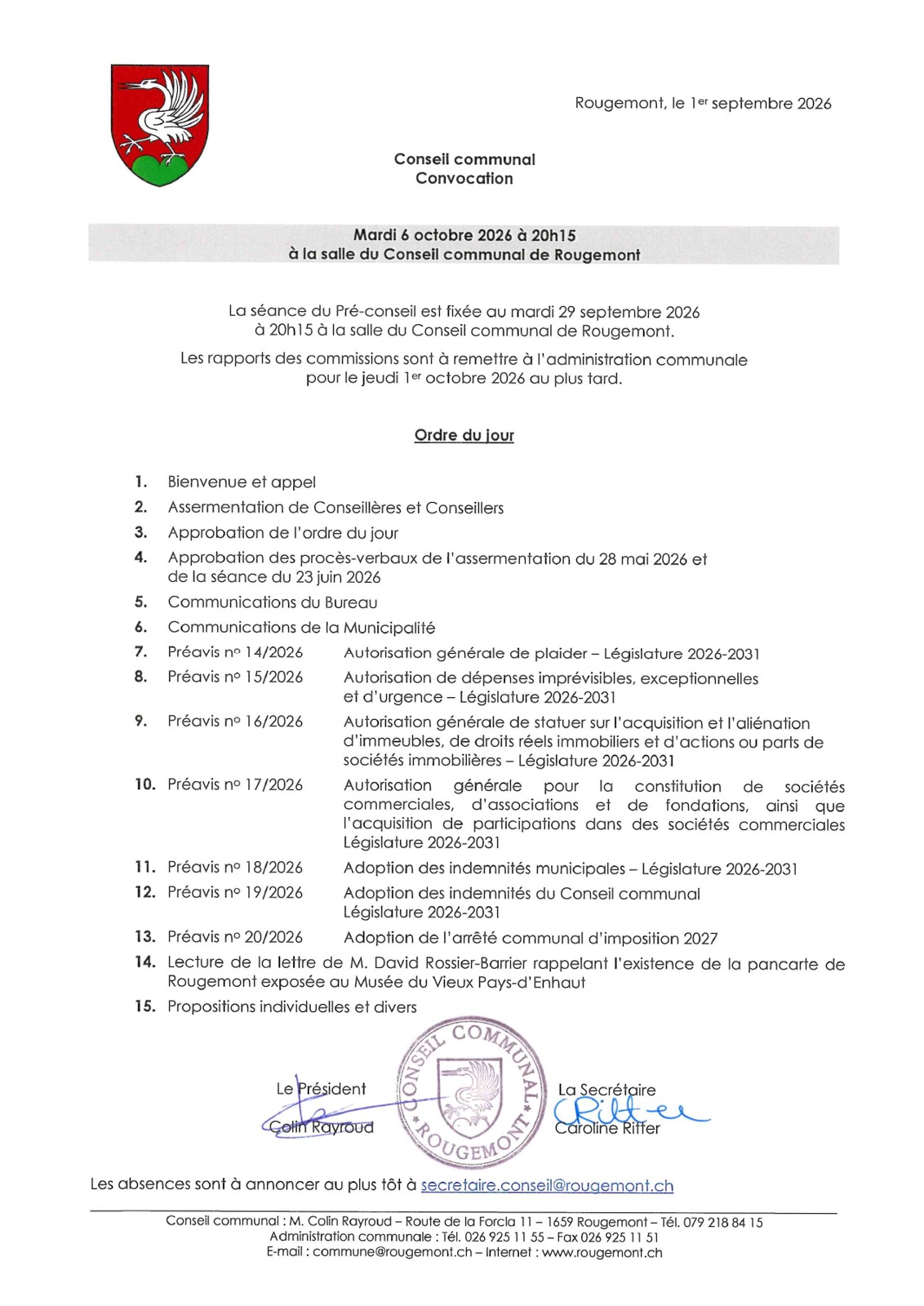 Affiche de Séance publique du Conseil communal de Rougemont — 6 octobre