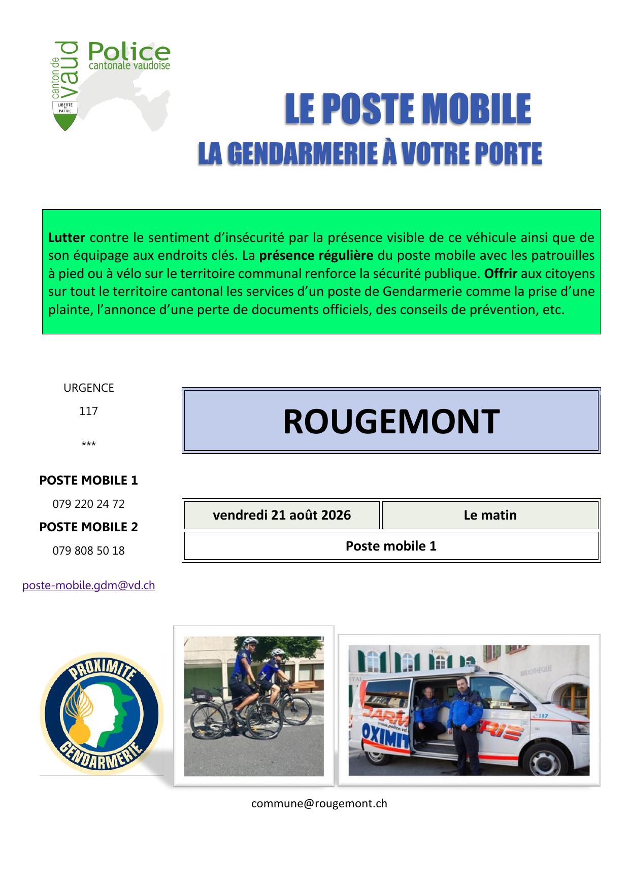 Affiche de Poste mobile de la gendarmerie à Rougemont — 21 août
