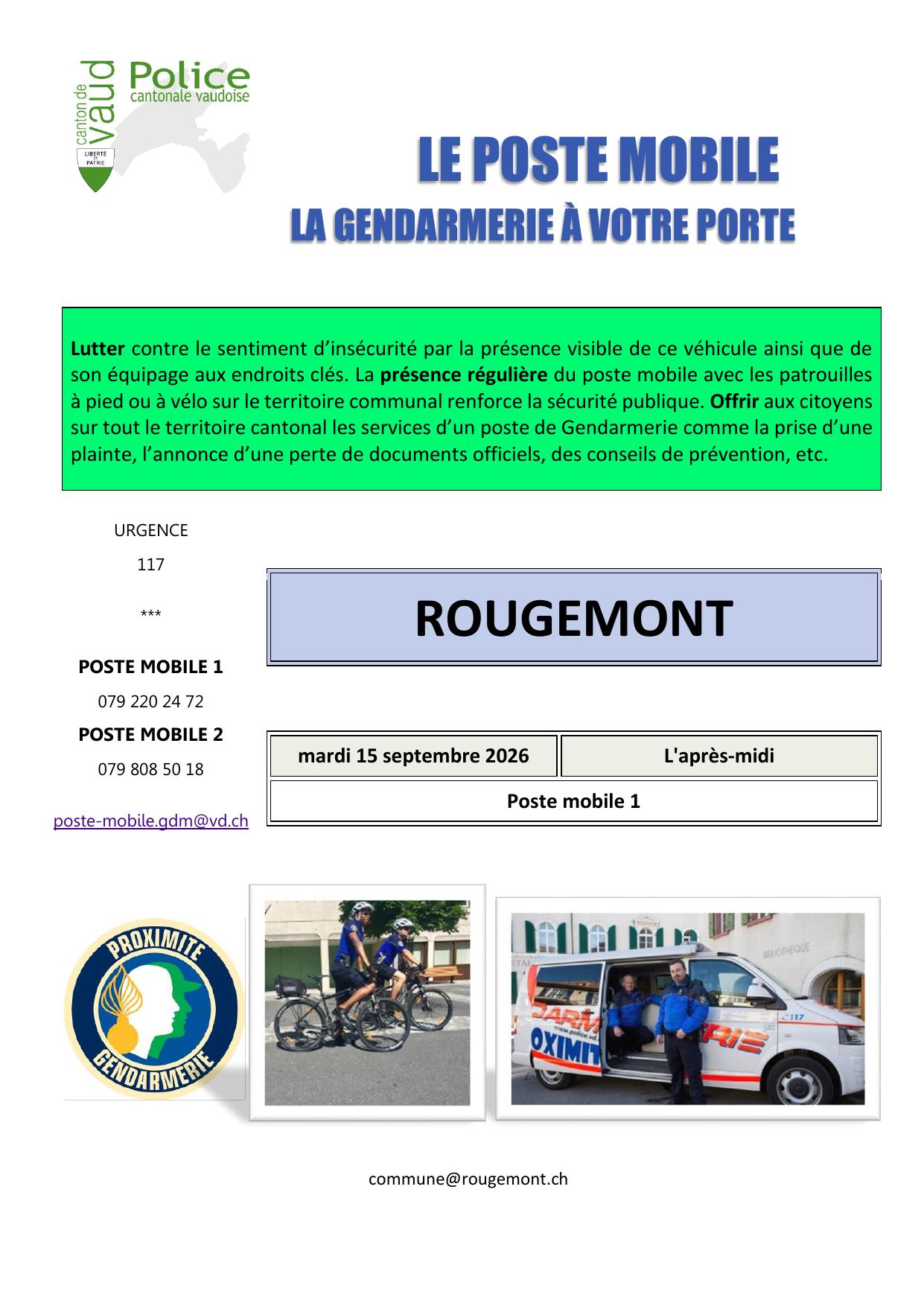 Affiche de Poste mobile de la gendarmerie à Rougemont — 15 septembre