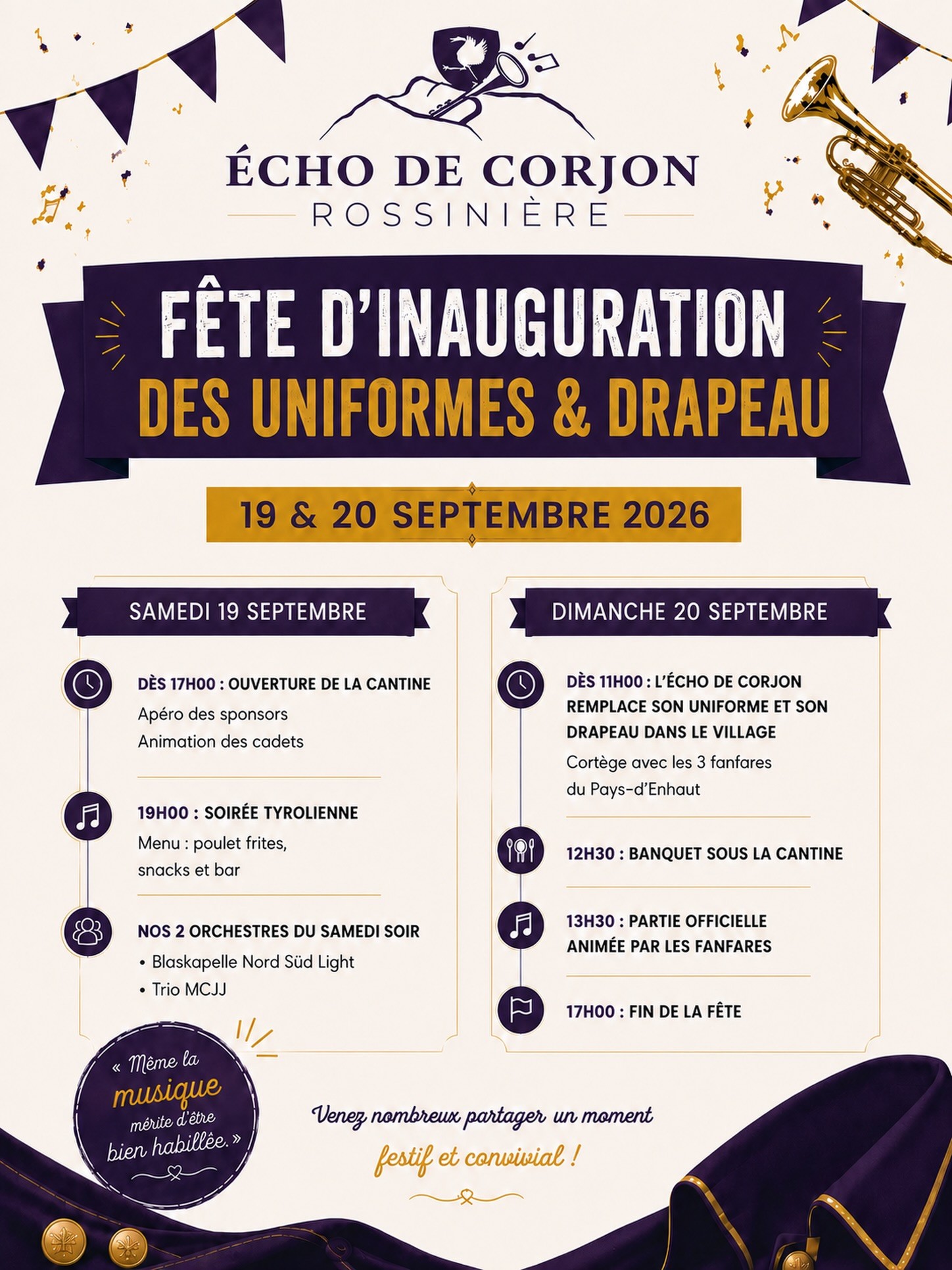 Affiche de Fête d’inauguration des uniformes et de la bannière de l’Écho de Corjon